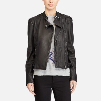 Women Motorcycle Style Black Leather Jacket