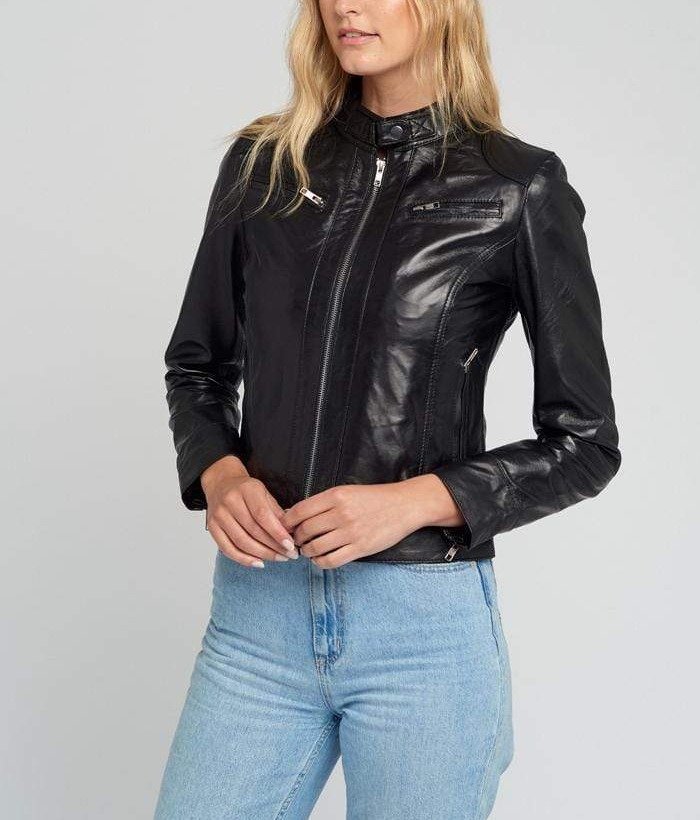 Kathy Black Cafe Racer Leather Jacket