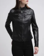 Callie Black Leather Cafe Racer Jacket