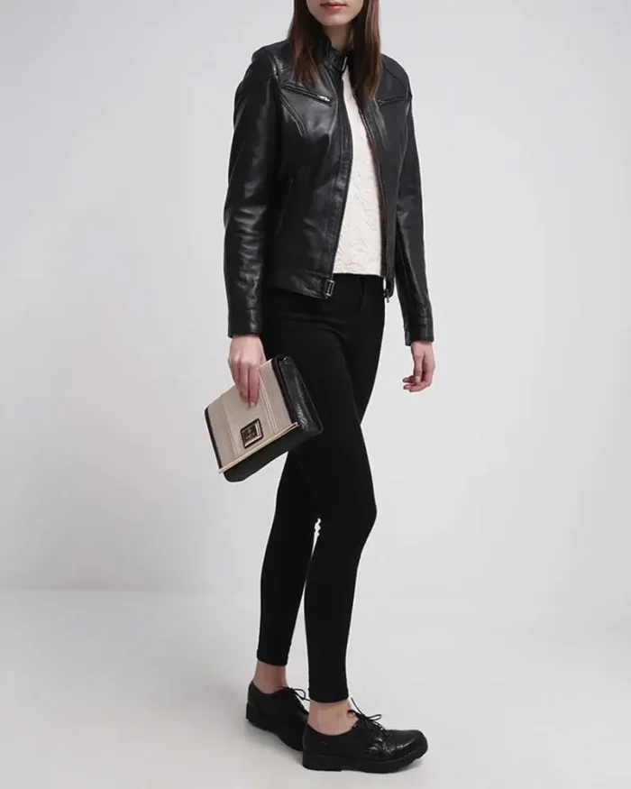 Callie Black Leather Cafe Racer Jacket