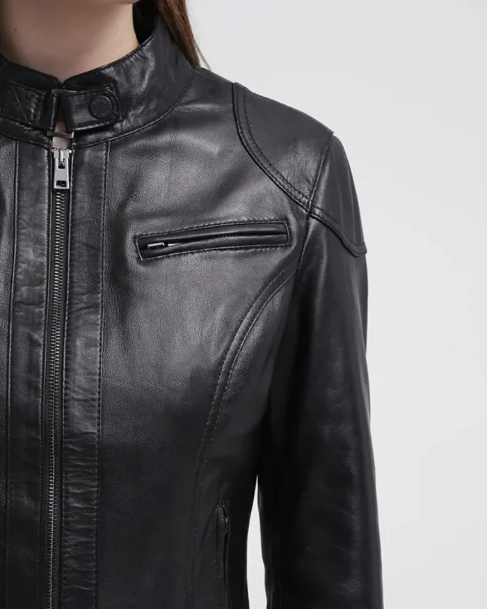 Callie Black Leather Cafe Racer Jacket