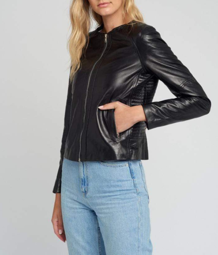 Classic Crew Neck Black Leather Jacket