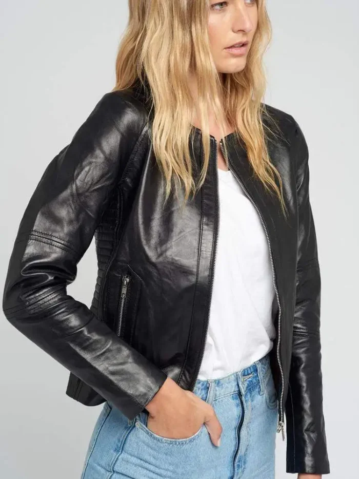 Classic Crew Neck Black Leather Jacket