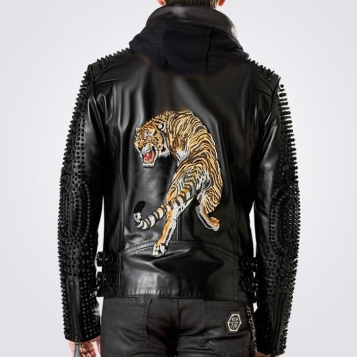 Mens Designer Hooded Biker Studded Leather Jacket with Lion Printed Back