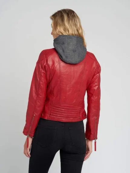 Eliza Red Removable Hooded Leather Jacket