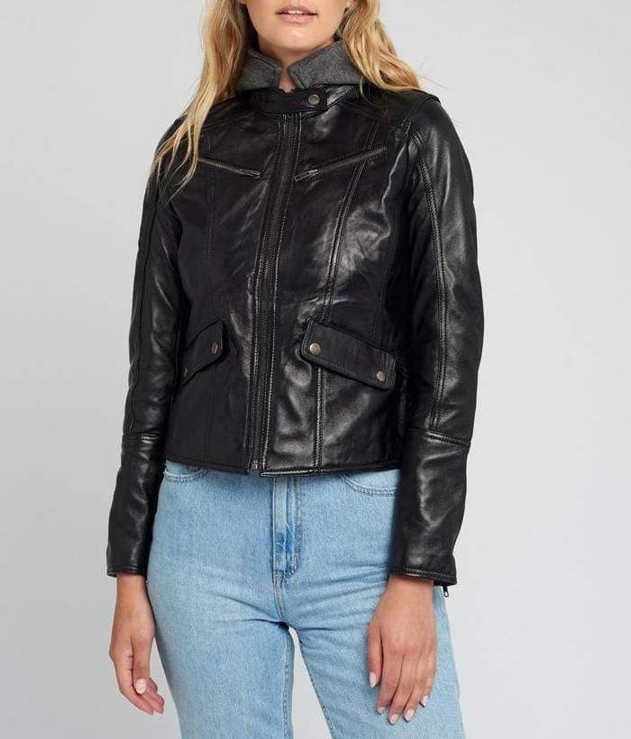 Kendra Hooded Black Cafe Racer Leather Jacket