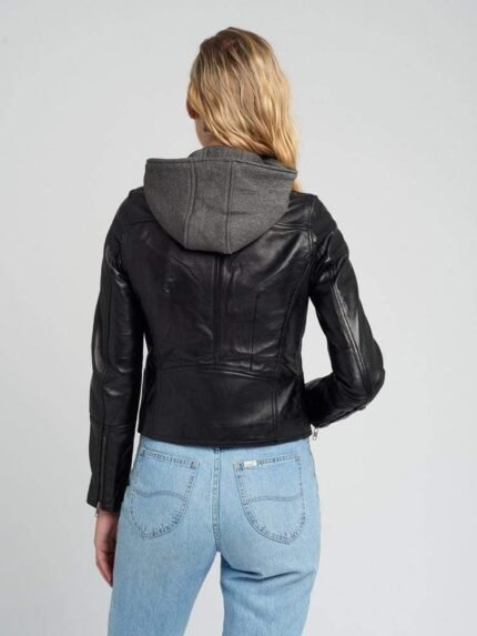 Kendra Hooded Black Cafe Racer Leather Jacket