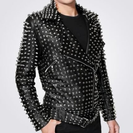 Men Full Silver Studded Lambskin Leather Jacket