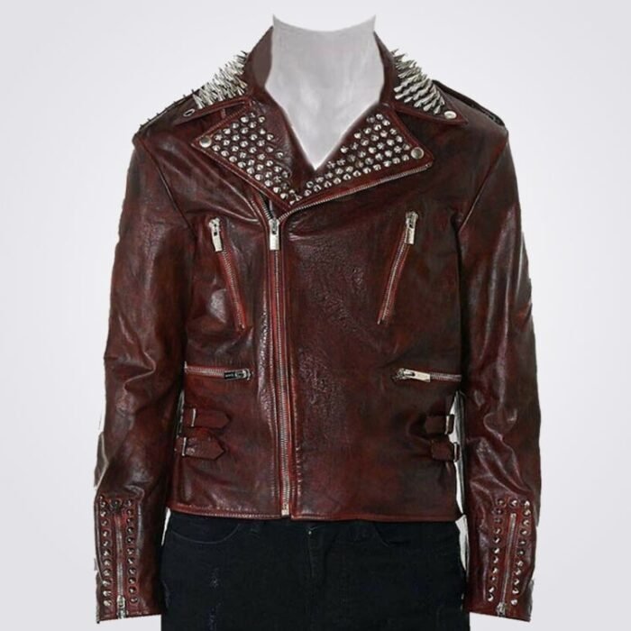 New Mens Full Red Waxed Punk Metallic Spiked Studded Zippered Leather Jacket