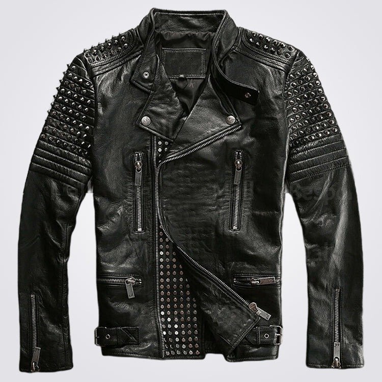 New Mens Black Silver Studded buttoned Punk Cowhide Biker Leather Jacket