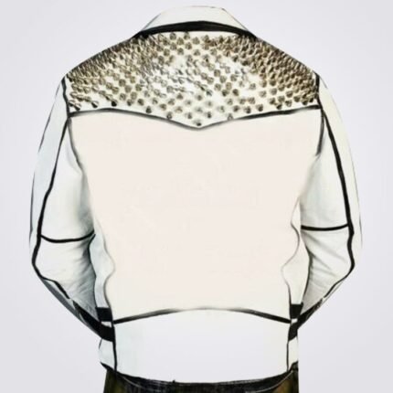 Men's White Black Silver Studded Brando Cowhide Biker Leather Jacket