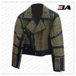 Handmade Womens Black Fashion Golden Studded Punk Style Leather Jacket