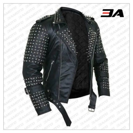 Handmade Mens Black Fashion Punk Style Studded Leather Jacket