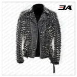 Men Silver Studded Custom Patches Long Spike Brando Belted Rocker Jacket