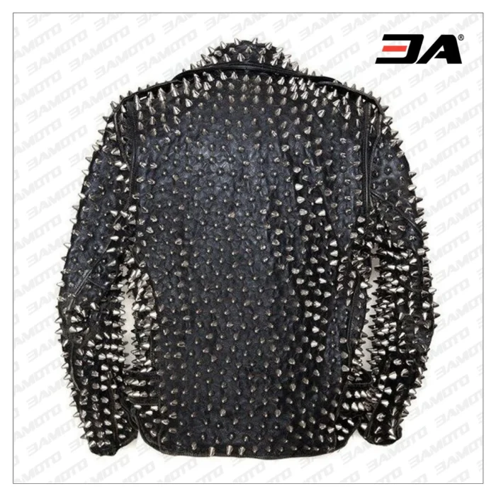 Men Silver Studded Custom Patches Long Spike Brando Belted Rocker Jacket