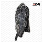 Men Silver Studded Custom Patches Long Spike Brando Belted Rocker Jacket