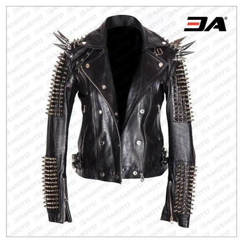 Men Silver Studded Long Spiked Jacket Leather Black Rock Punk Style Jacket