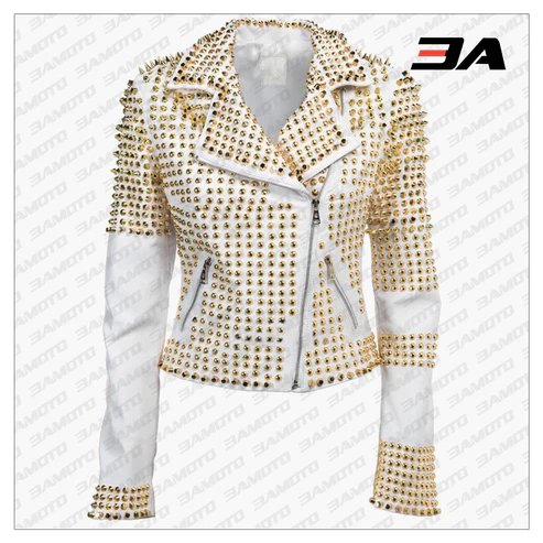 Handmade Womens White Golden Studded Punk Style Biker Leather Jacket