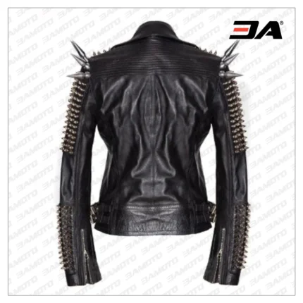 Men Silver Studded Long Spiked Jacket Leather Black Rock Punk Style Jacket