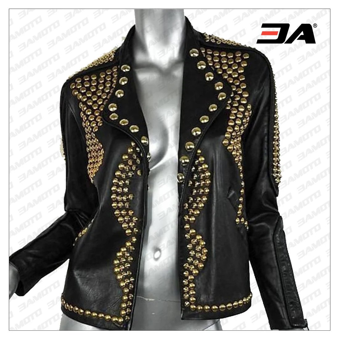 Women Golden Studded Leather Jacket