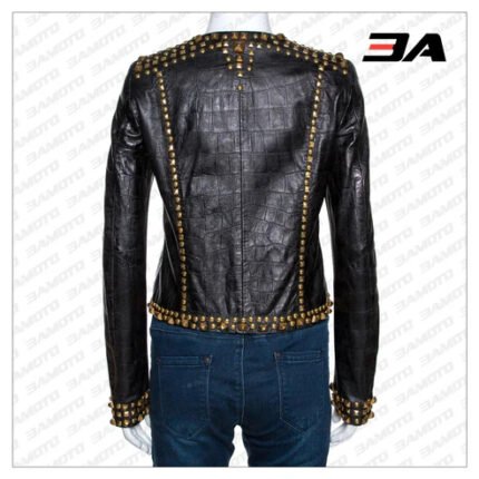 Black Embossed Leather Studded Zip Front Jacket