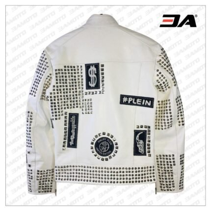 Handmade Mens White Leather Studded Phillip Plein Punk Style Jacket