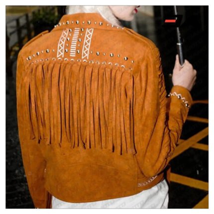 Camel Brown Fringed Leather Studded Biker Jacket