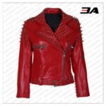 vHandmade Womens Red Fashion Studded Punk Style Leather Jacket