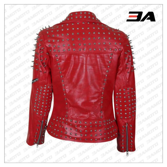 Handmade Womens Red Fashion Studded Punk Style Leather Jacket