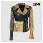 Handmade Womens Fashion Golden Studded Punk Style Leather Jacket