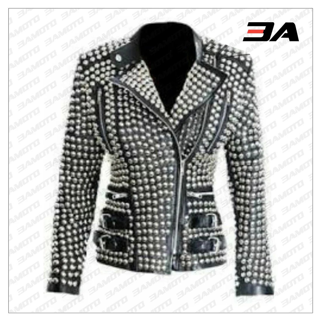 New Handmade Women's Black Fashion Golden Studded Punk Style Leather Jacket