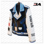 Handmade Mens Fashion Studded Punk Style blue and white Leather Jacket