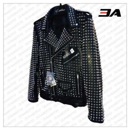 Custom Made Black Leather Studded Punk Style Jacket