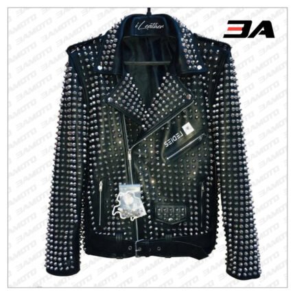 Custom Made Black Leather Studded Punk Style Jacket