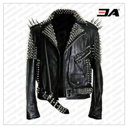 Handmade Mens Black Fashion Long Studded Punk Style Leather Jacket