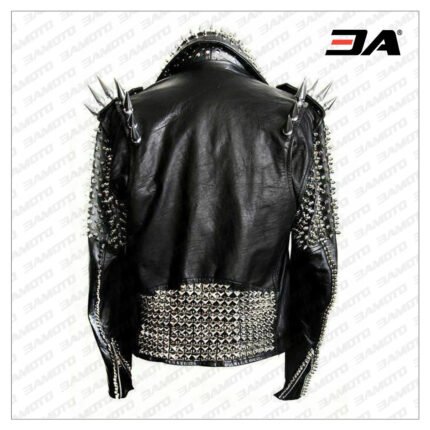 Handmade Mens Black Fashion Long Studded Punk Style Leather Jacket