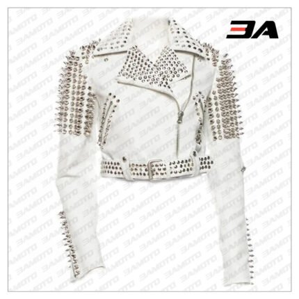 Handmade Womens White Fashion Studded Punk Style Leather Biker Jacket