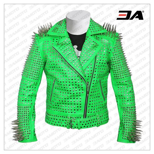 Men Green Studded leather jacket