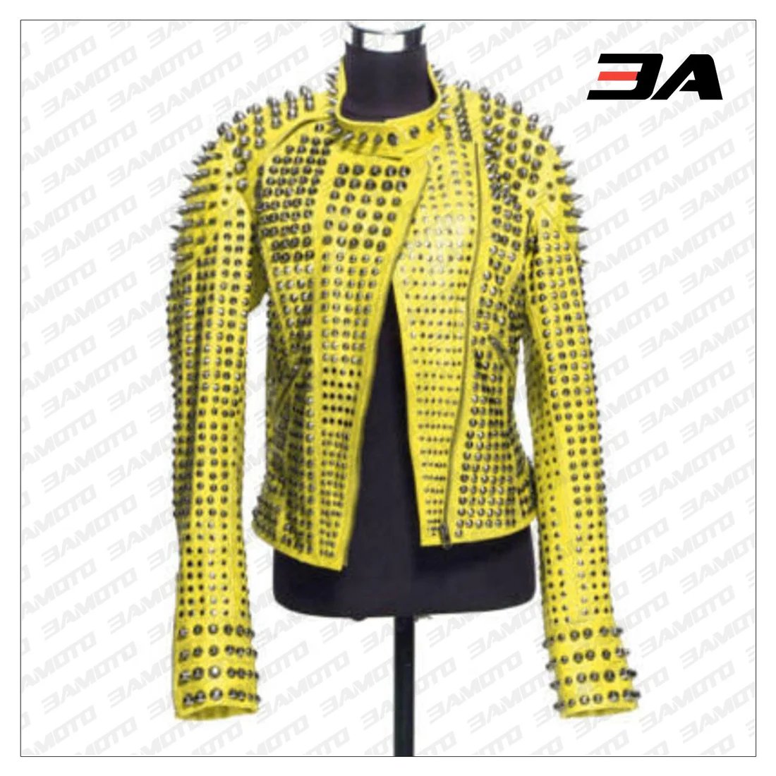 New Handmade Women's Yellow Fashion Studded Punk Style Leather Jacket