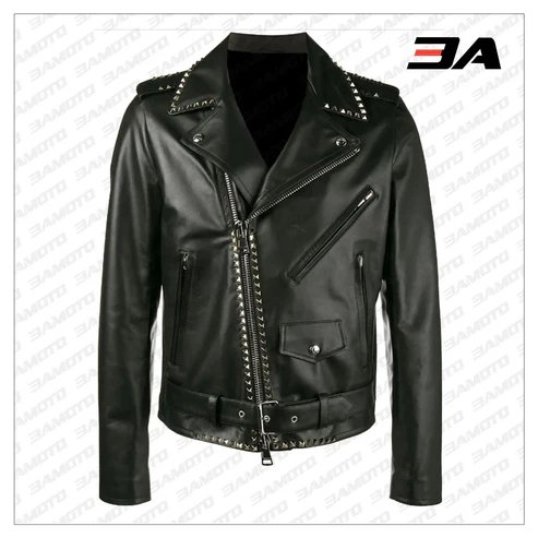 Silver Studded Leather Black Biker Jacket