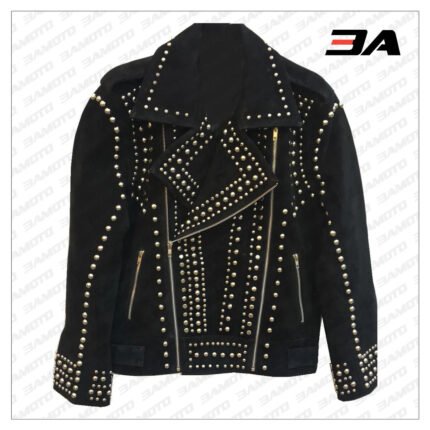 Handmade Mens Black Fashion Studded Punk Style Suede Jacket