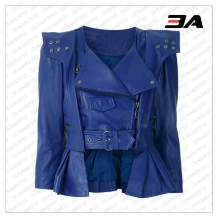 Blue Cropped Leather Peplum Biker Jacket