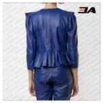 Blue Cropped Leather Peplum Biker Jacket