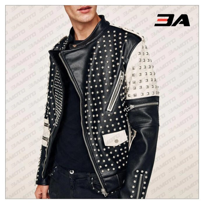 New Handmade Men's Black and white Fashion Studded Punk Style Stylish Jacket