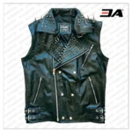 VEST JACKET HANDMADE Men Black Punk Silver Long Spiked Studded Leather