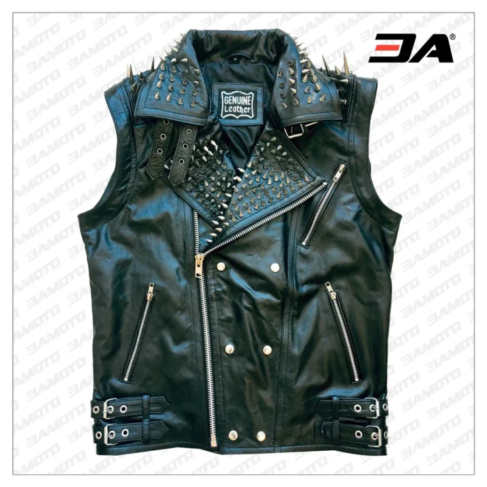 VEST JACKET HANDMADE Men Black Punk Silver Long Spiked Studded Leather