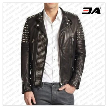 Handmade Men Black Gold Studded Leather Biker Jacket