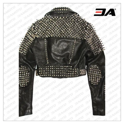 Handmade Punk Studded Black Belted Style Biker Silver Studs Spiked Jacket For Womens