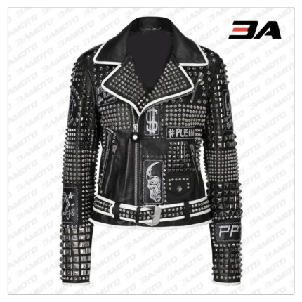 Handmade Women Philip Plein Black Fashion Studded Punk Style Leather Jacket