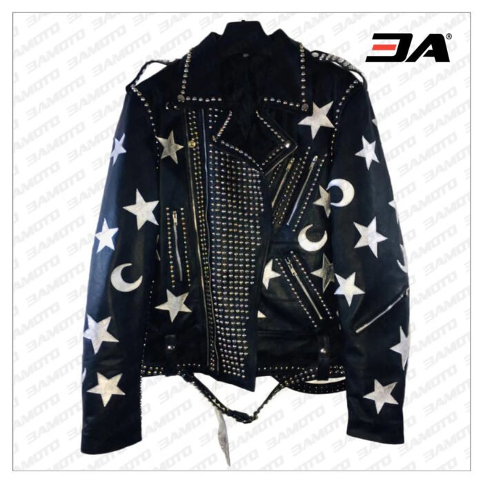 Handmade Mens Black Leather Studded Stars Punk Style Jacket